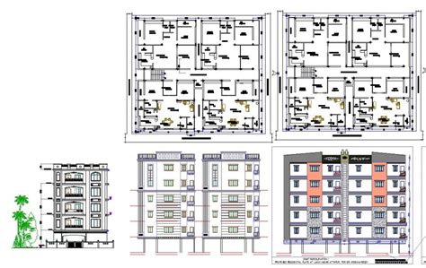 Residential Apartment Flats Detail Plan And Elevation 2d View Cad