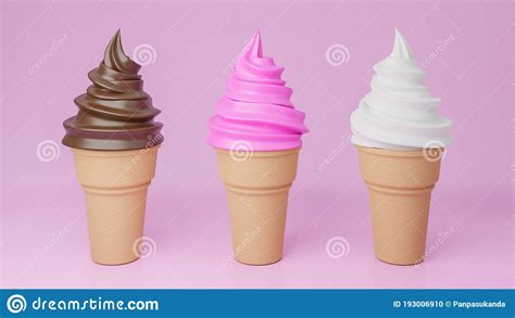 Soft Serve Ice Cream Of Chocolate Vanilla And Strawberry Flavours On