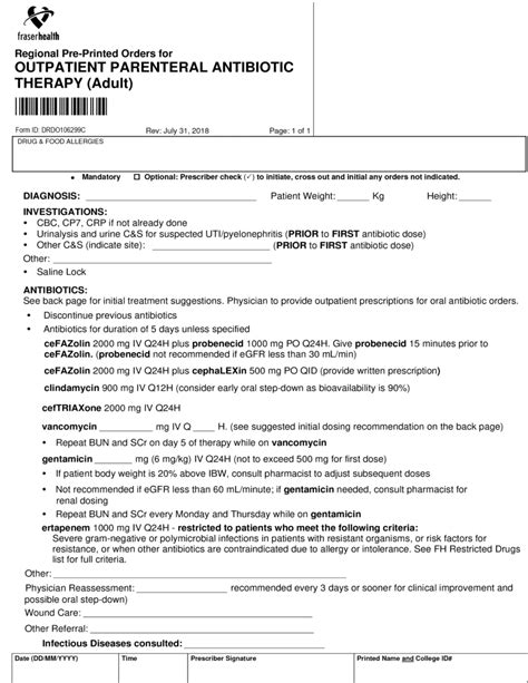 Fraser Health Pre Printed Adult Outpatient Antibiotic Orders 2018 World Emr