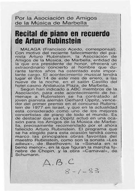 Recital De Piano En Recuerdo De Arturo Arthur Rubinstein Biblioteca