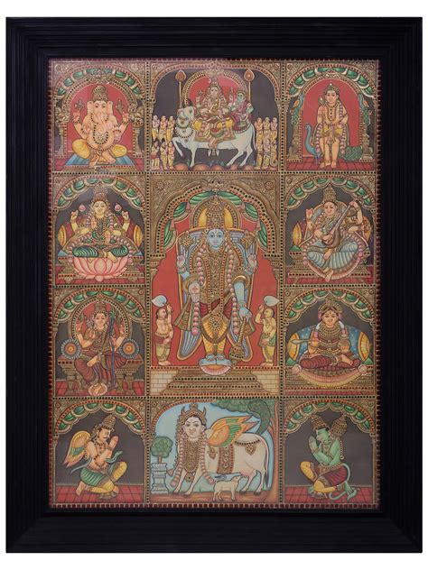 Lord Vishnu With God And Goddess Tanjore Painting With Frame