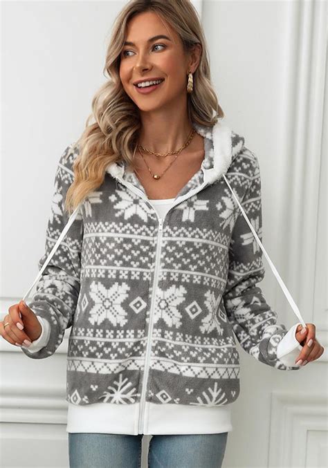 Wholesale Womens Autumn And Winter Hooded Cardigan Christmas Style Printed Fleece Jacket