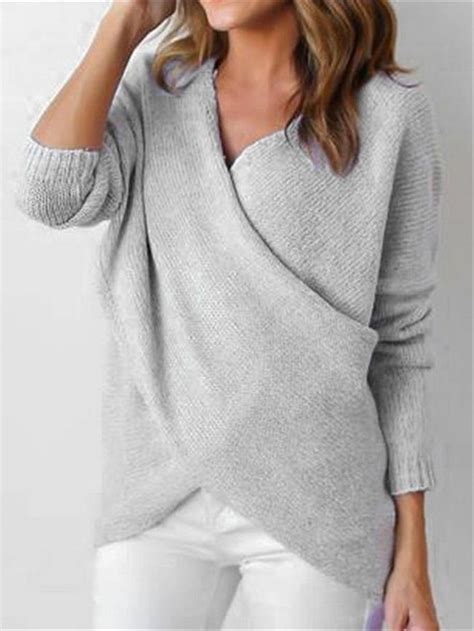 Knitted Deep V Neck Long Sleeve Wrap Sweater Sweater Fashion Weekend