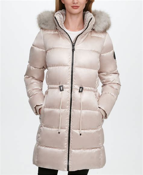 Dkny High Shine Faux Fur Trim Hooded Puffer Coat Created For Macys