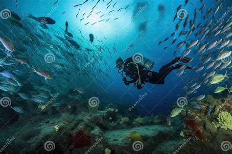 Scuba Diver Exploring The Depths Of The Ocean Surrounded By Schools Of