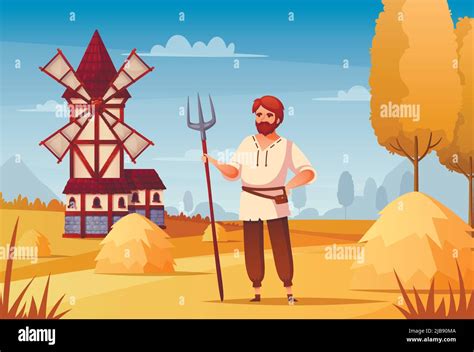 Medieval Peasant Cartoon Background With Windmill And Labor Symbols