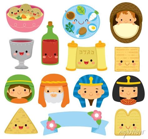 Passover Cartoons With Kawaii Faces Cute Passover Symbols Food Wall Mural • Murals Vector