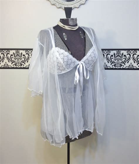 1990s Wedding White Chiffon And Lace Pin Up Babydoll Negligee W Sheer