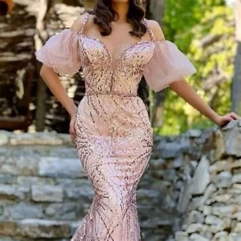 Floor Length Mermaid Short Sleeves Sequins Evening Dress 2022