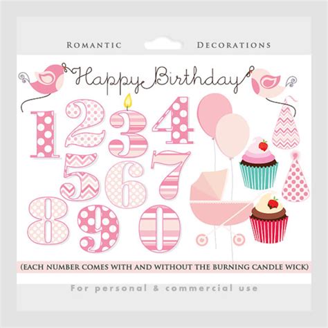 Birthday Party Clipart, Birthday Clip Art, Numbers, Balloons, Pink, Girl, Nursery, Sweet, Birds ...