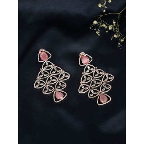 Accessher Rose Gold Plated American Diamonds Studded Drop Earrings With