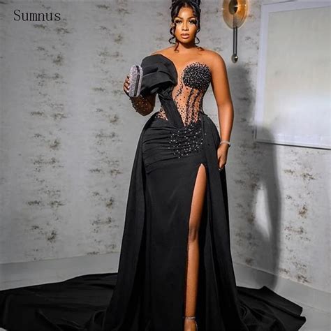 Sumnus Sexy Black Prom Dresses Beadings Mermaid Stain Leg Slit One