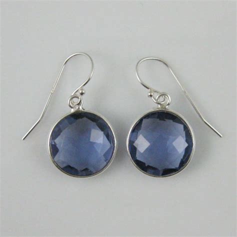 Bezel Gemstone Round Pendant Earrings Sterling Silver Hooks Iolite