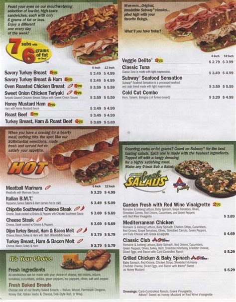 Menu Of Subway Sandwiches And Salads In Collins Mo 64738