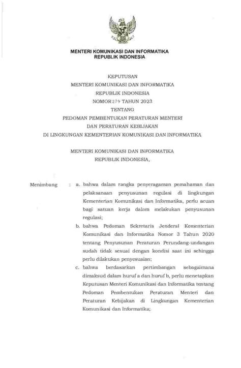Keputusan Menteri Komunikasi Dan Informatika Kominfo No 279 Tahun