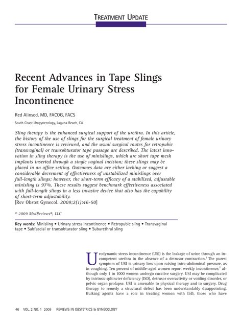 Pdf Recent Advances In Tape Slings For Female Urinary Stress Incontinence