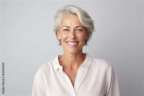 Senior Woman Portrait Mature Grey Haired Beautiful Smiling Lady With Light Background Studio