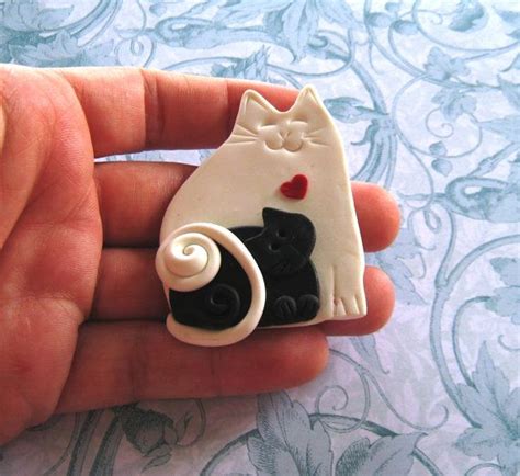 Fimo Polymer Clay Black And White Mother Cat With Baby Brooch Etsy