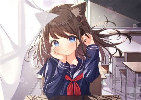 blue eyes blush brown hair catgirl cat smile original school uniform tsukiman | konachan.com ...