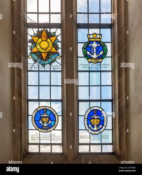 Stained glass windows in Guildford Cathedral, Surrey, England, UK Stock ...