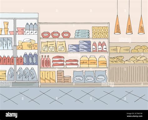 Grocery Store Shop Interior Color Graphic Sketch Illustration Vector