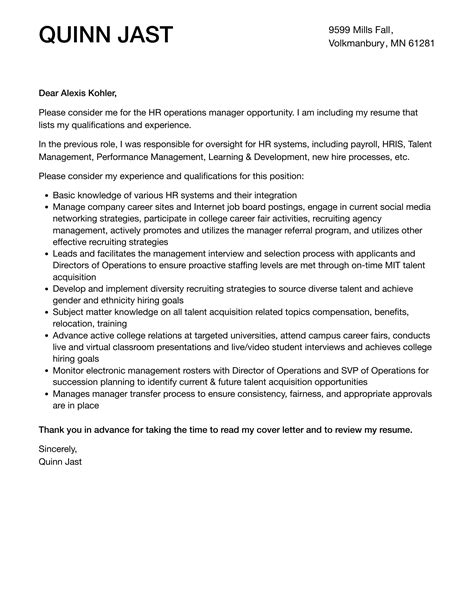 Hr Operations Manager Cover Letter Velvet Jobs