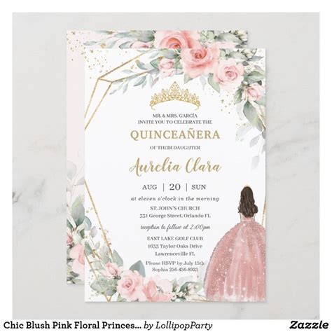 Chic Blush Pink Floral Princess Crown Quincea Era Invitation Zazzle