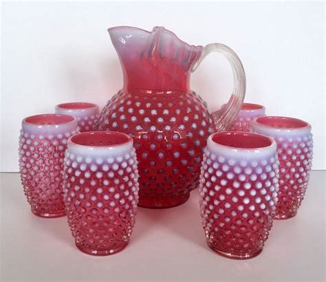 Fenton Opalescent Cranberry Hobnail Pitcher And 6 Tumblers Set Etsy Fenton Milk Glass