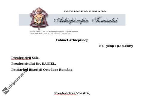 DOCUMENT ÎPS Teodosie i a trimis scrisoare Patriarhului Daniel Cere