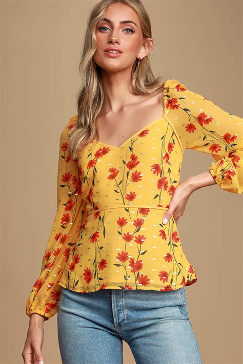 Cute Yellow Top Floral Print Top Metallic Print Top Blouse Lulus