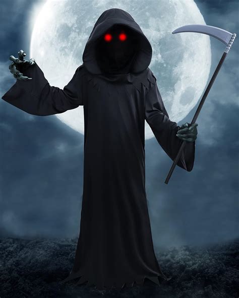 Buy Grim-Reaper Halloween Costume with Glowing Red Eyes and Scythe