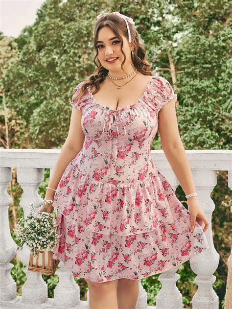 Shein Wywh Plus Size Floral Print Dress With Round Neck Ruffled Hem