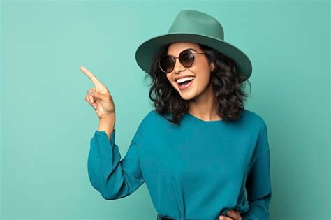 Premium Ai Image Smiling Asian Brunette Woman In Sunglasses Pointing