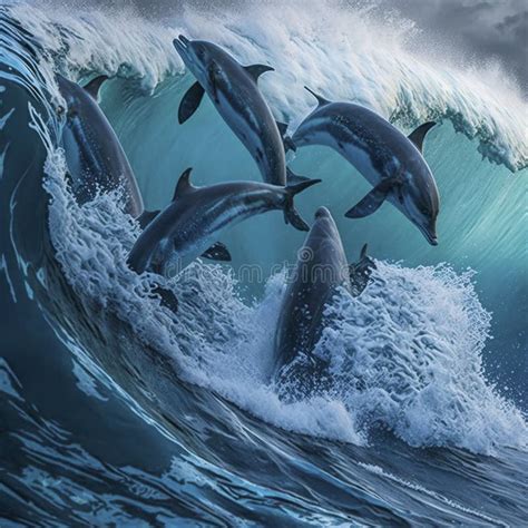 A Pod of Bottlenose Dolphins Jumping in the Waves Stock Illustration ...