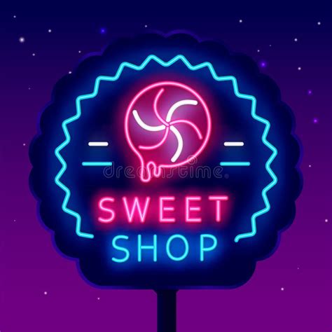 Sweet Shop Neon Sign Street Billboard For Candy Store Candy Bar Logo Pink Lollipop Isolated