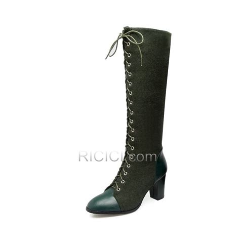 8 cm 3 inch Olivgrün Wadenhohe Stiefel Chunky Heel Runde Zeh