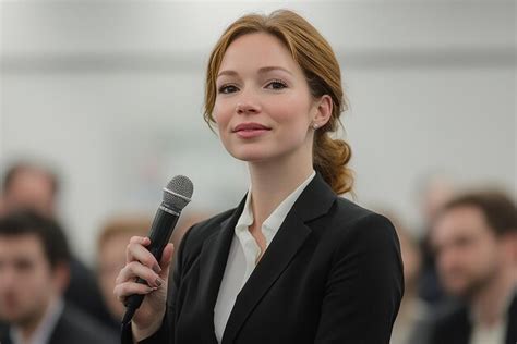 A Woman Is Speaking Into A Microphone And She Is Holding A Microphone