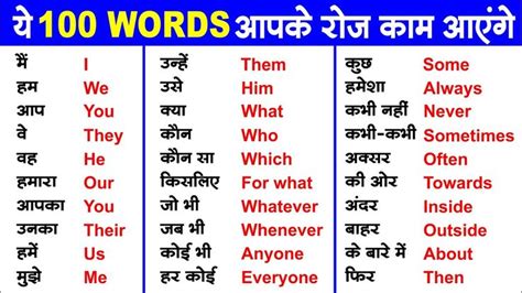 100 English Words With Hindi Meaning Word Meaning English