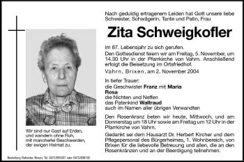 Traueranzeigen Von Zita Schweigkofler Trauer Bz