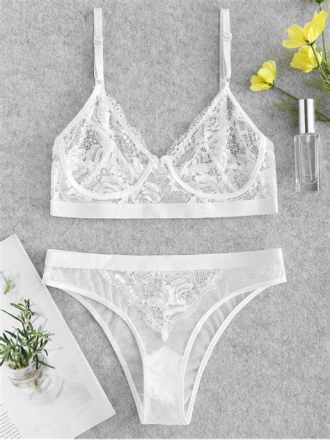 Off Sheer Floral Lace Bra And Panty Lingerie Set In White Zaful