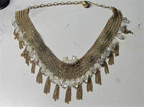 Gold Metal Mesh Necklace With Crystals Antiques Board