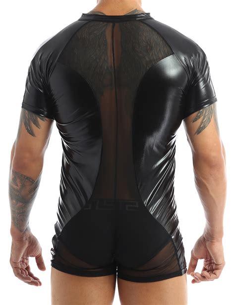 Men S Wetlook Leather Zipper Bodysuit Jumpsuit Singlet Lingerie Latex Underwear Ebay