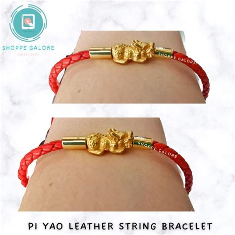 GOLD PLATED PI YAO MONEY BAG POUCH RED LEATHER STRING BRACELET Women S