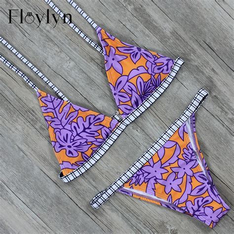 Floylyn Sexy Triangle Push Up Women Bikini Set Swimwear Vintage Print