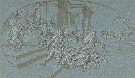 Fight Between Perseus And Phineus In The Palace Of Cephus Drawing By