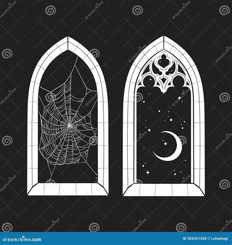 Gothic Windows With Cobweb And Night Sky With Crescent Moon Hand Drawn