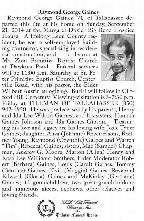 Obituary For Raymond George Gaines Aged 71