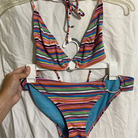 Vintage Striped Bikini Low Waisted Silver Hoops Depop