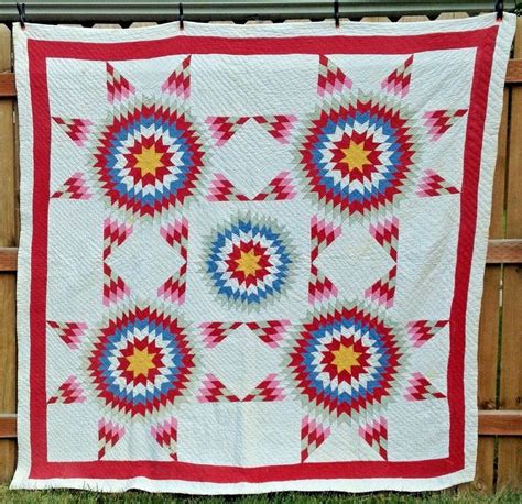 Vintage Antique 71 X 72 Hand Pieced Texas Lone Star Quilt Pink Red