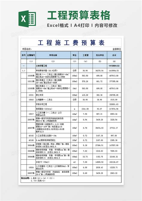 工程施工费预算表excel模板下载预算表图客巴巴